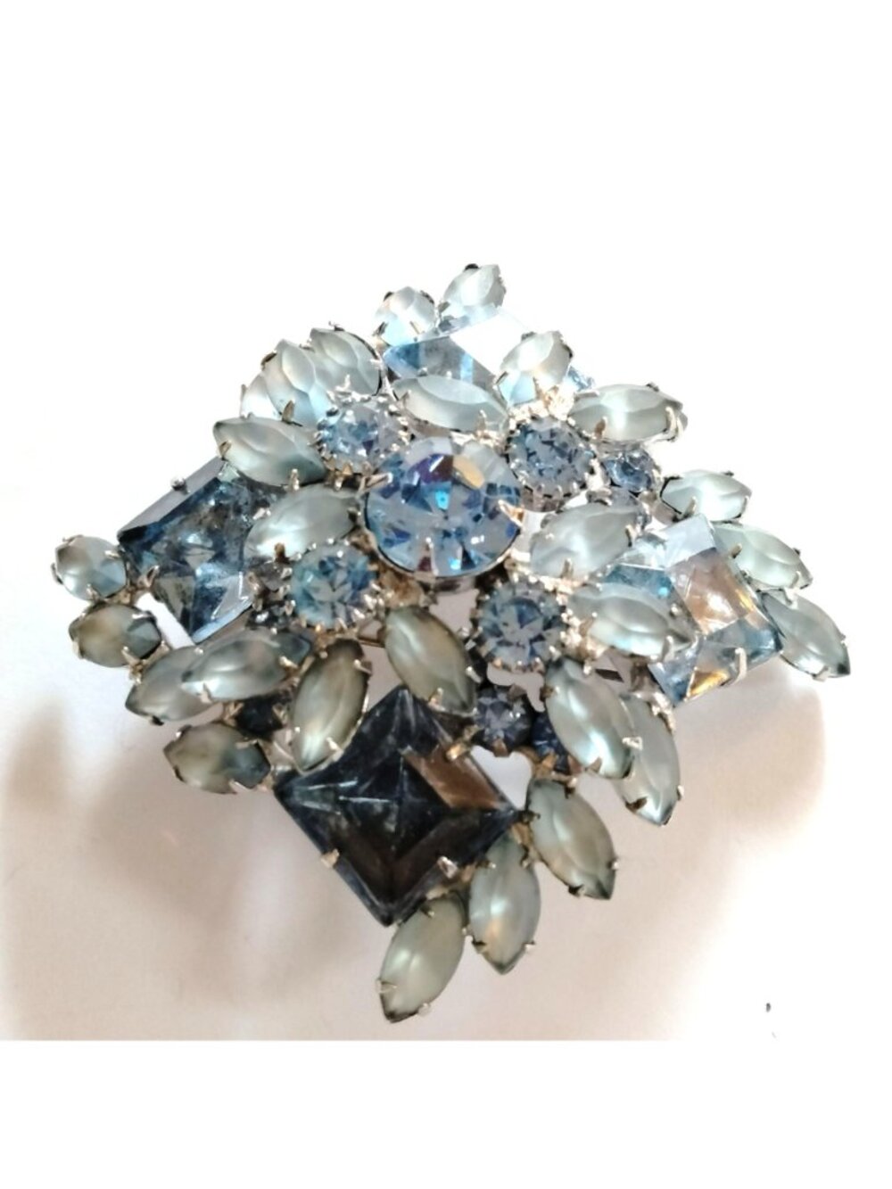 Vintage Blue Rhinestone Brooch Frosted Glass Elegant Statement MCM - Picture 7 of 10